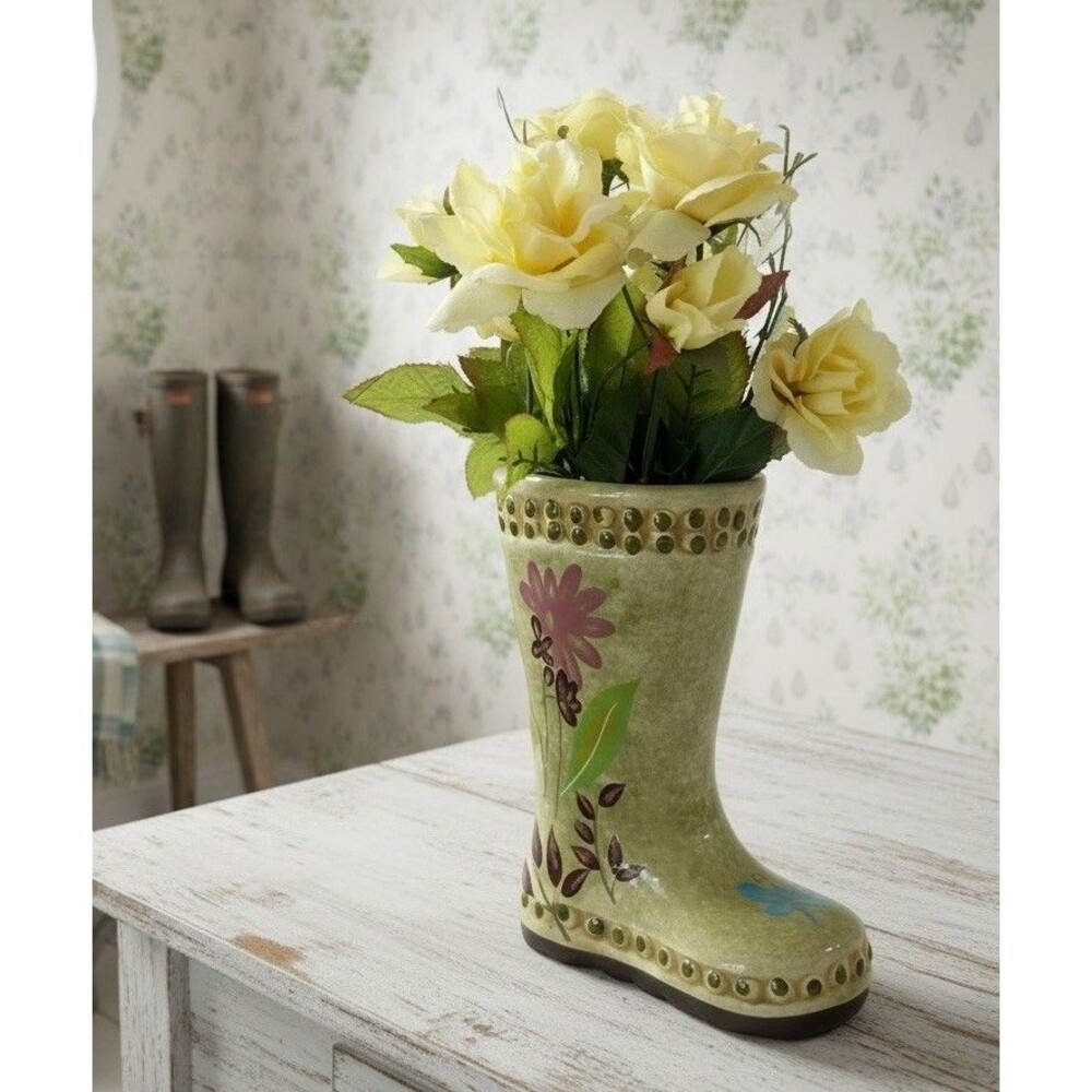 Ceramic Rain Boot Planter Vase Floral Green Ashland Cottage Garden  Floral Decor